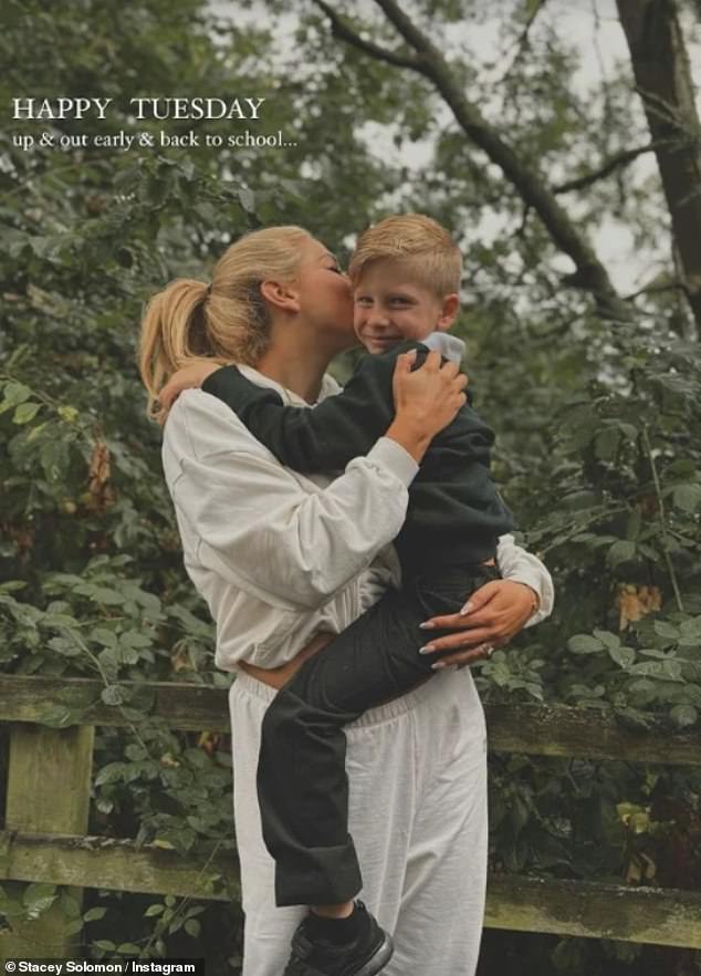 Stacey Solomon, 34, also jumped on the bandwagon, sharing a photo of herself holding her four-year-old son Rex ahead of his first day of school