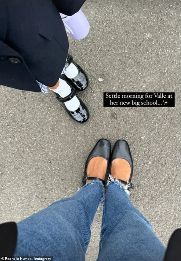 Presenter Rochelle Humes, 35, shared a cute snap of her and her daughter's feet with the caption: 'Create a lovely morning for Valle at her new big school'