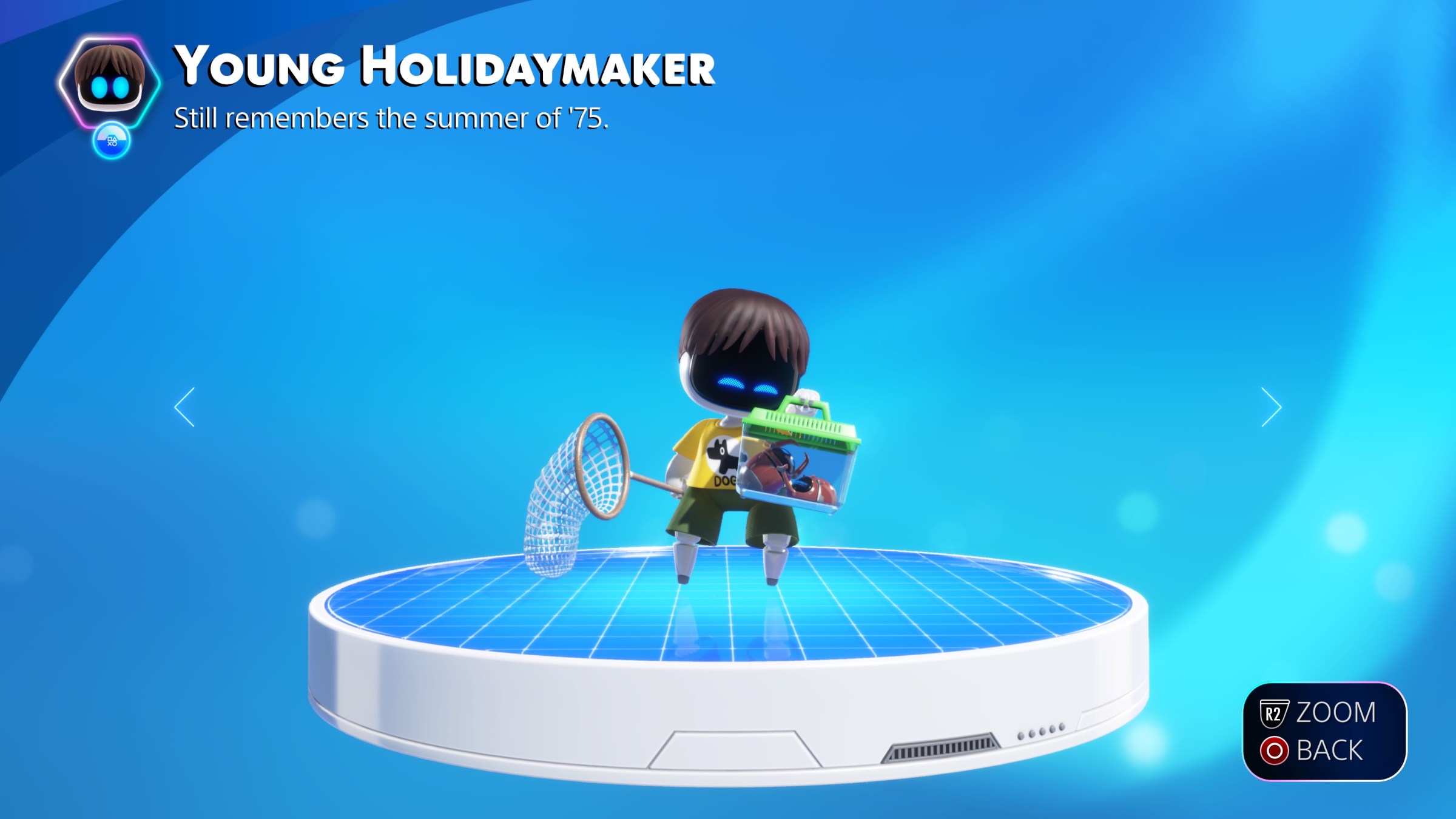 a screenshot of Young Holidaymaker, a collectible bot in Astro Bot dressed as a young boy, holding a net and a bug catcher with some bugs in it