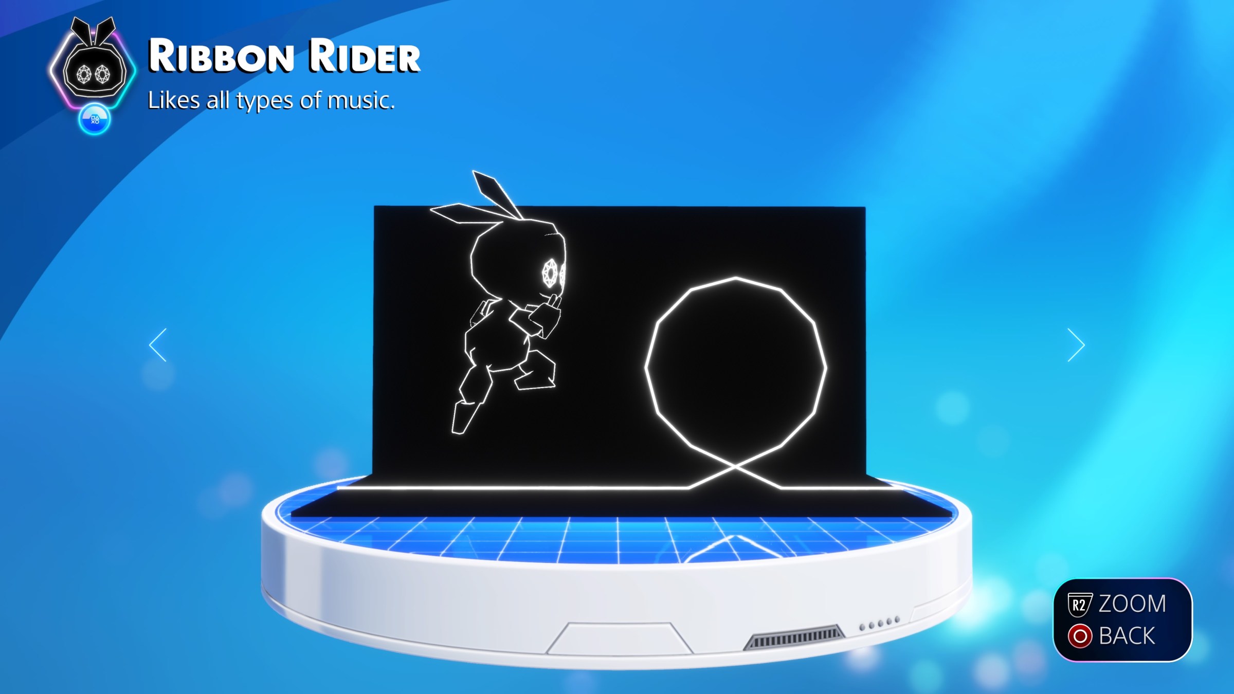 a screenshot of Ribbon Rider, a collectible bot in Astro Bot that is dressed in a black and white outlined rabbit costume and jumps along a white, looped line