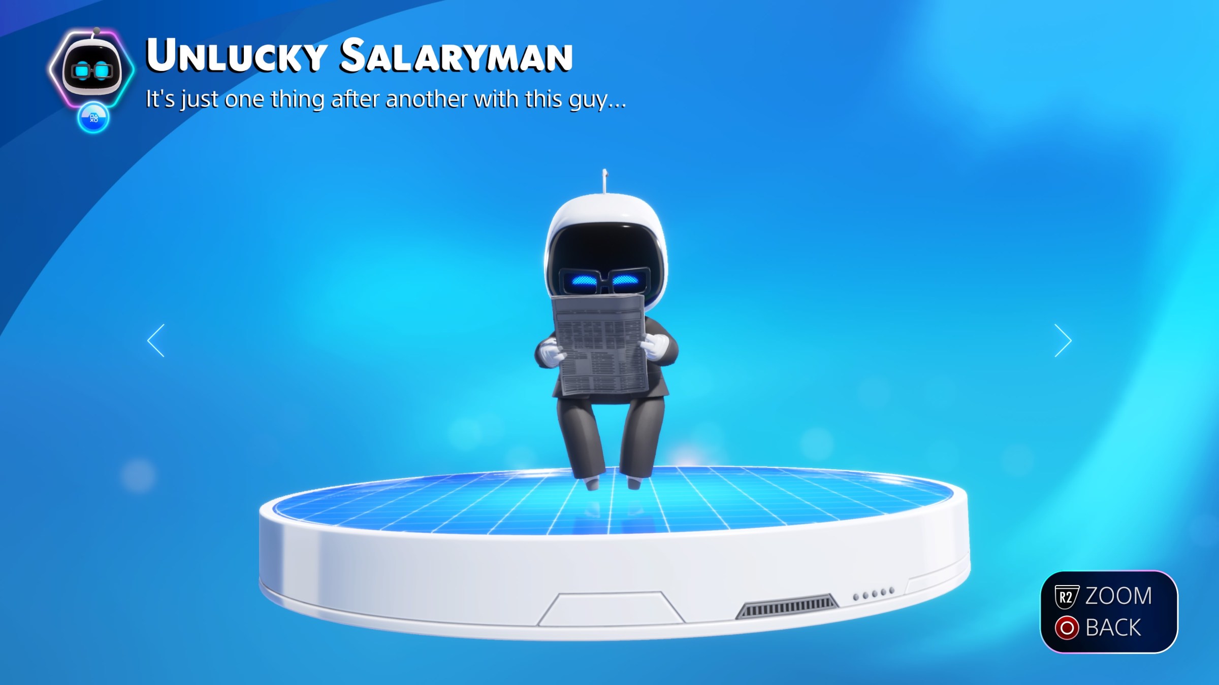 a screenshot of Unlucky Salaryman, a collectible bot in Astro Bot that is a man dressed in a gray suit reading a newspaper