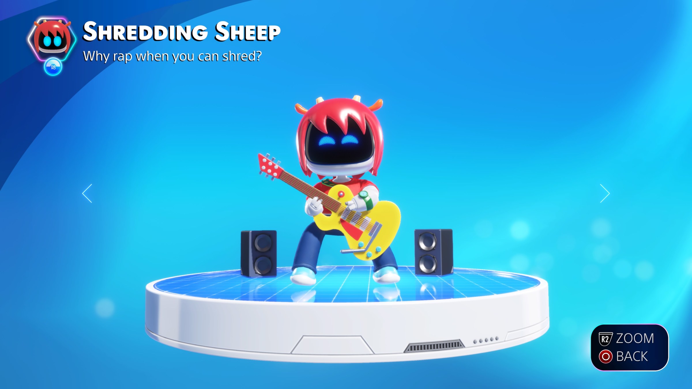 a screenshot of Shredding Sheep, a collectible bot in Astro Bot that is dressed as a red-haired sheep in jeans, waving a yellow guitar