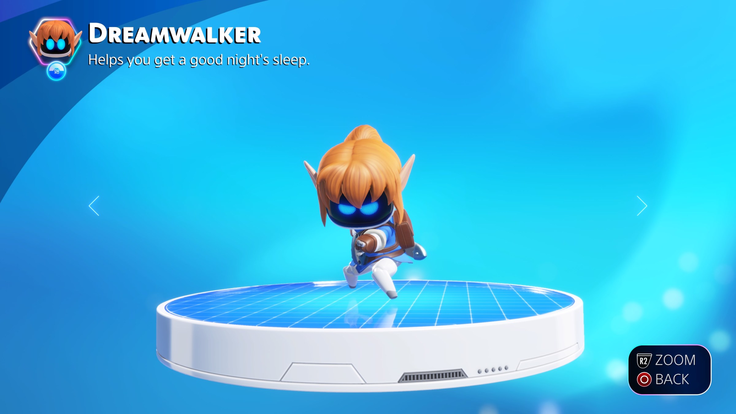 a screenshot of Dreamwalker, a collectible bot in Astro Bot with a blonde wig and elfin ears striking a pose