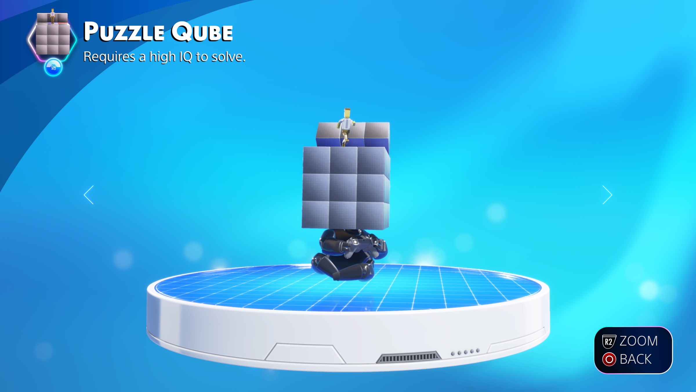 a screenshot of Puzzle Qube, a collectible bot in Astro Bot with a cube-shaped head made of small cubes with a small polygonal man on top