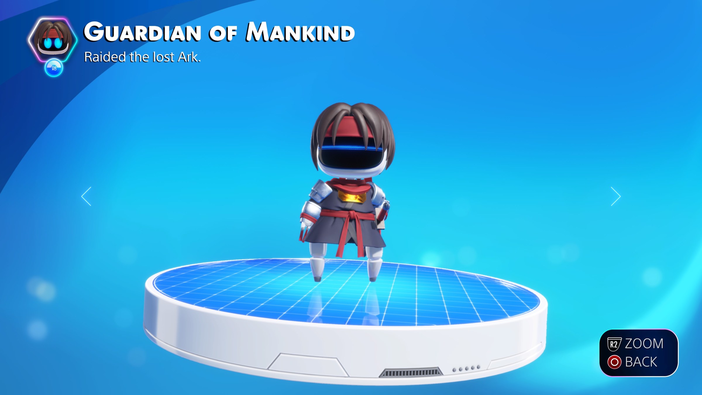 a screenshot of Guardian of Mankind, a collectible bot in Astro Bot that is dressed in Japanese armor with a red headband and a determined expression