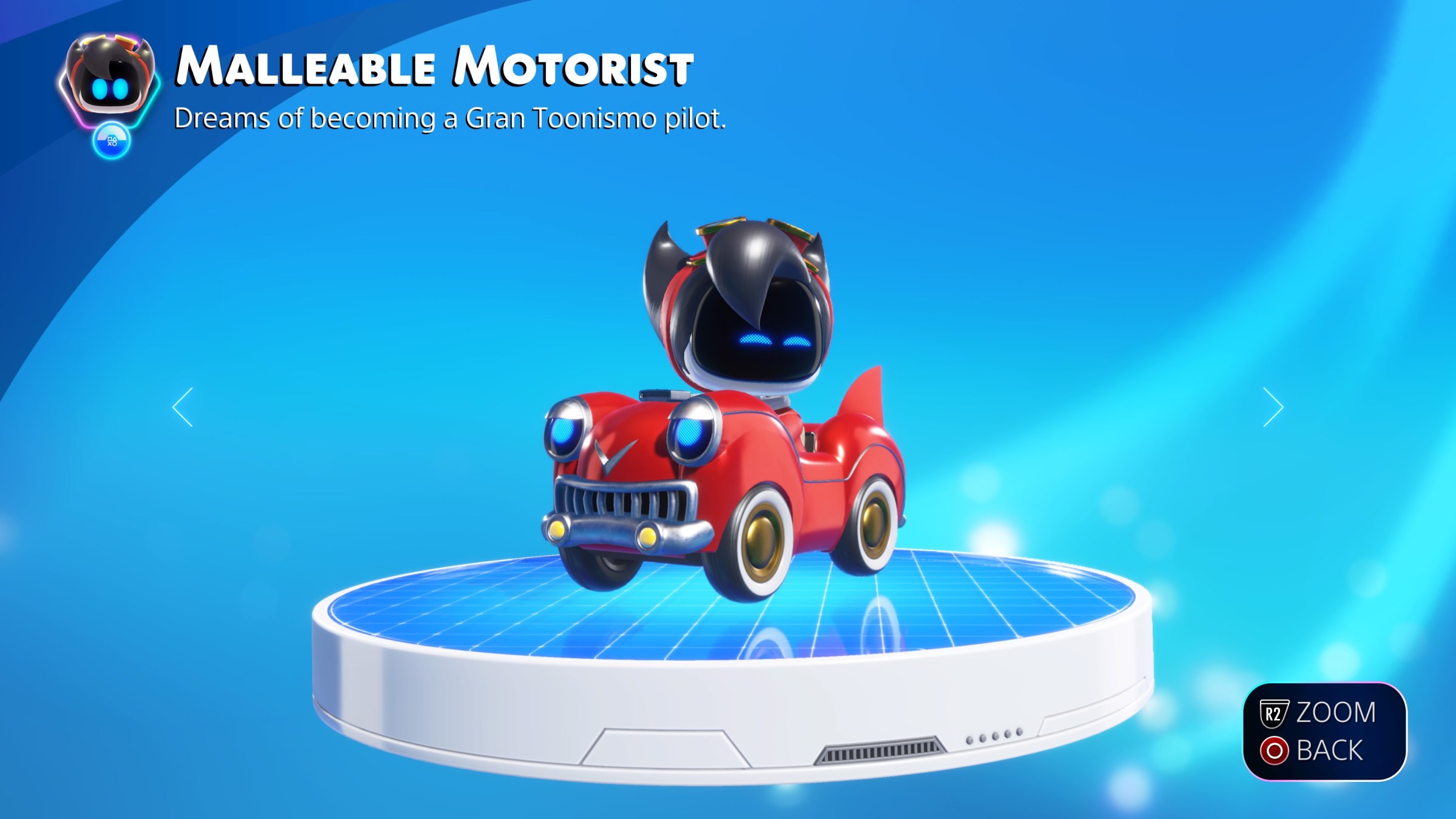 a screenshot of Malleable Motorist, a collectible bot in Astro Bot that drives a red car with a cartoonish face