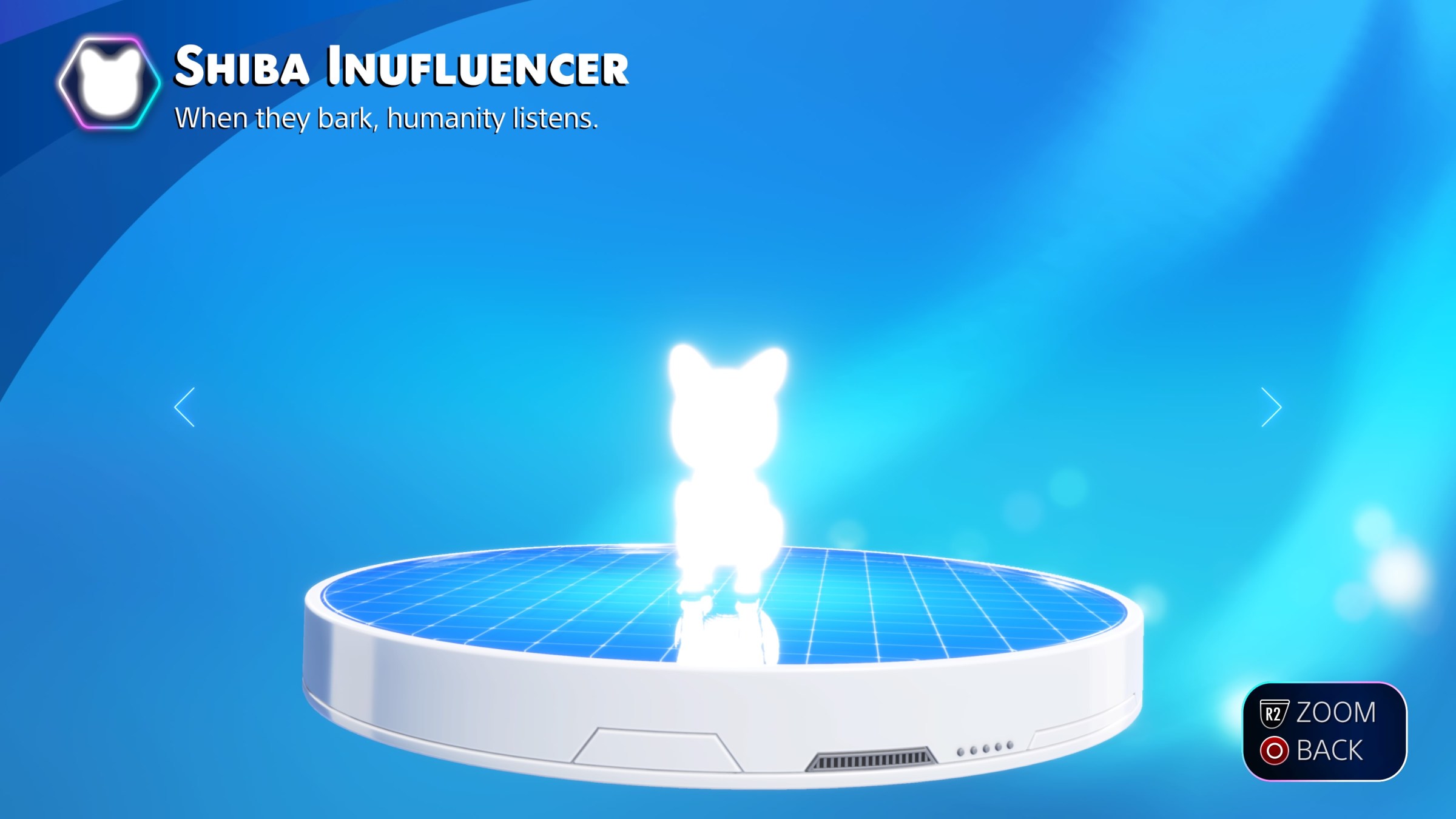 a screenshot of Shiba Inufluencer, a collectible bot in Astro Bot that is a glowing white dog