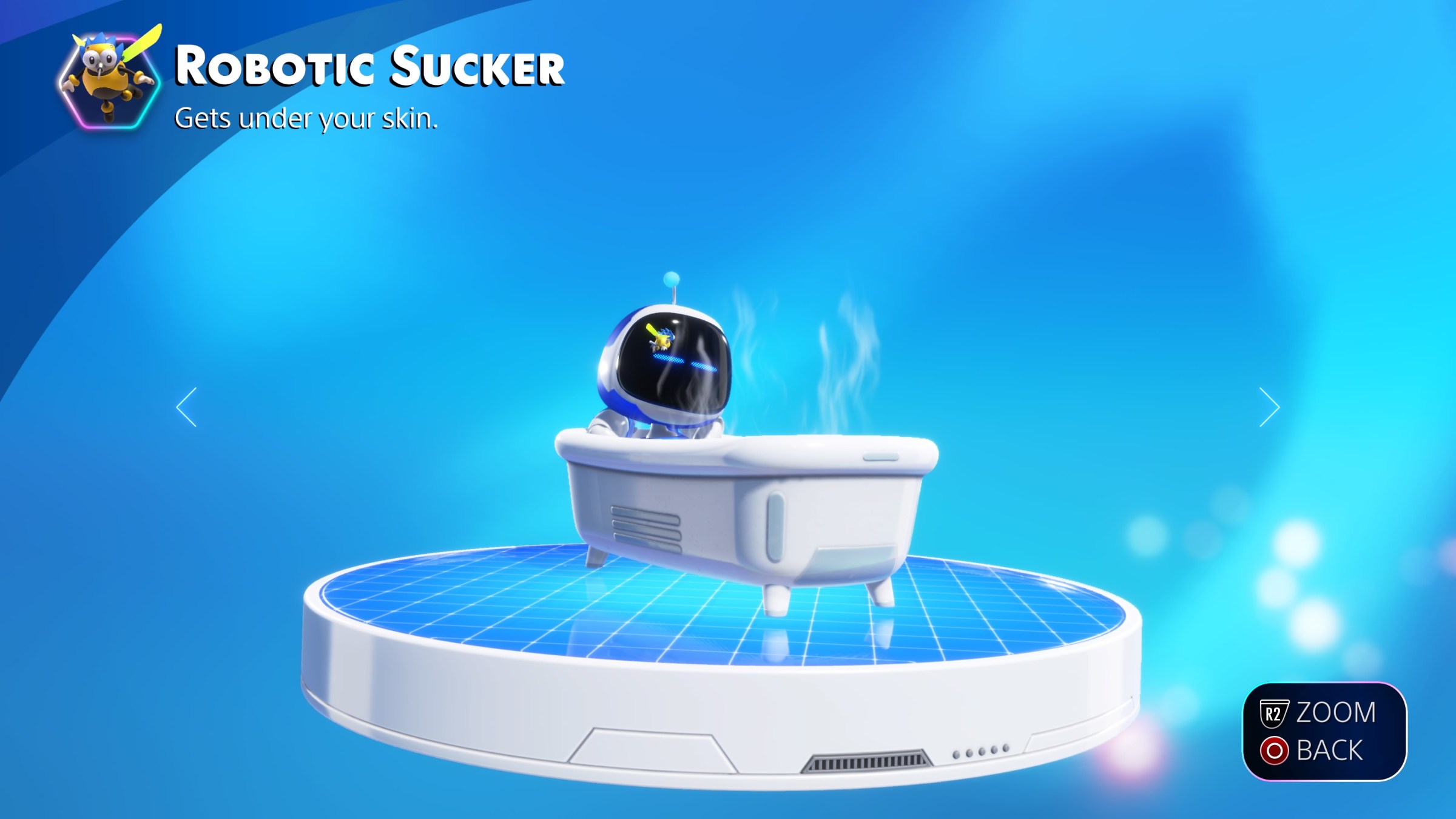 a screenshot of Robotic Sucker, a collectible bot in Astro Bot, lying in a bath while a small mosquito lands on its face