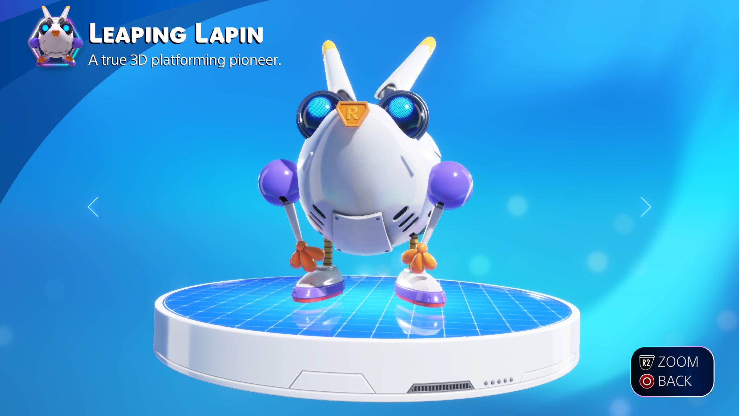 a screenshot of Leaping Lapin, a collectible bot in Astro Bot that is a round white robot with purple shoulders and rabbit-like ears