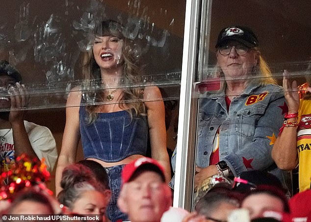 Last night, Swift took her usual place in Kelce's luxury suite next to his father Ed and mother Donna, right, for a thrilling NFL game