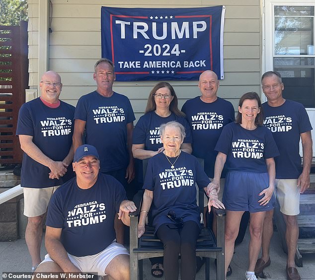 A photo of eight members of Tim Walz's extended family, dressed in matching 