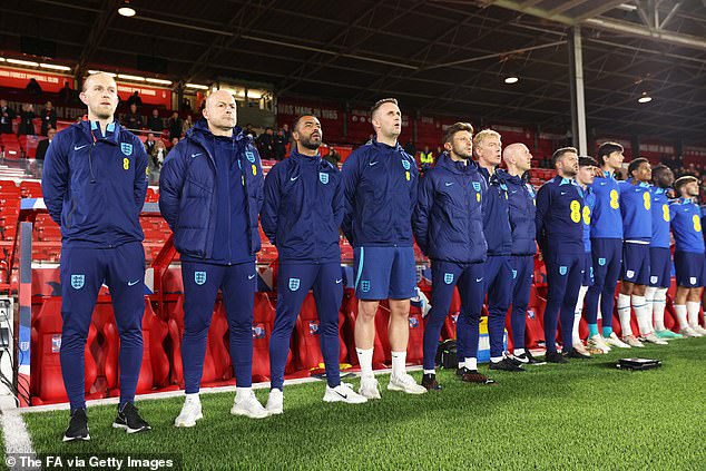 Carsley (second from left) admitted he struggles with singing national anthems before matches