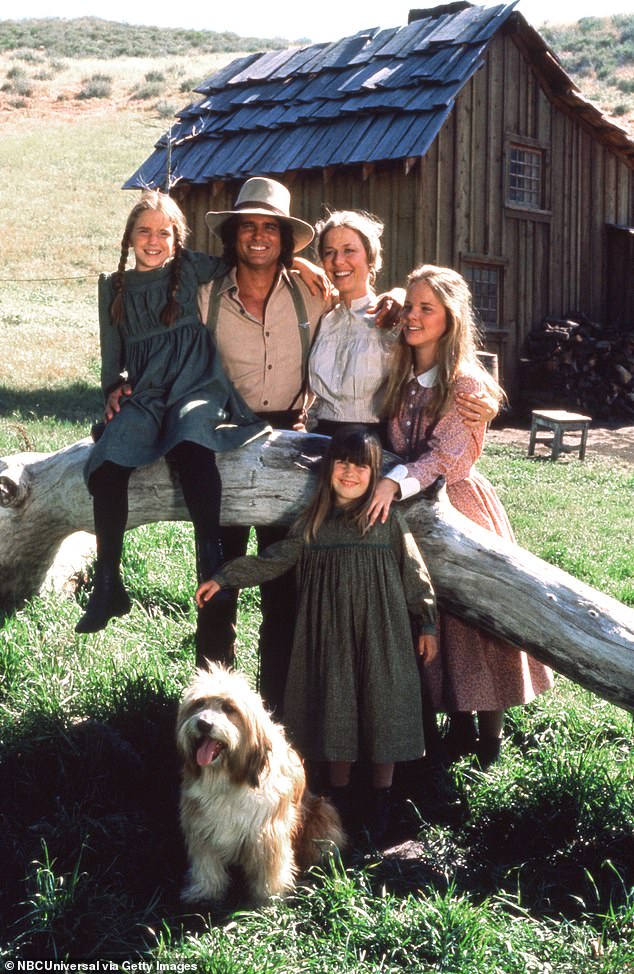 A still from season three of Little House On The Prairie shows Gilbert as Laura Ingalls Wilder, Michael Landon as Charles Philip Ingalls, Karen Grassle as Caroline Quiner Holbrook Ingalls, Melissa Sue Anderson as Mary Ingalls Kendall and Lindsay Greenbush as Carrie Ingalls