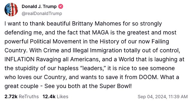 Trump later thanked Brittany for her support in a message he shared on his Truth Social network