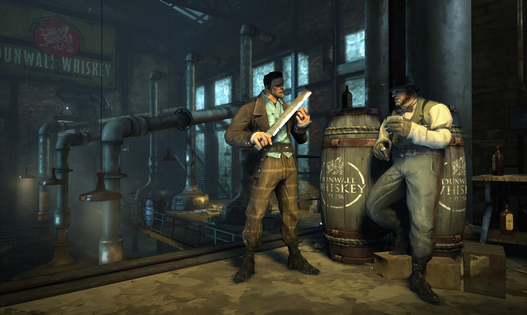 Two men stand in a distillery on either side of a huge barrel labeled “WHISKEY,” one leaning against a wall, the other examining a machete, in the game Dishonored