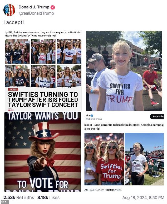 Last month, Trump, 78, shared AI-generated posts on his Truth Social platform, showing he had gained the support of Swift, 34, and her fans, known as “Swifties.”