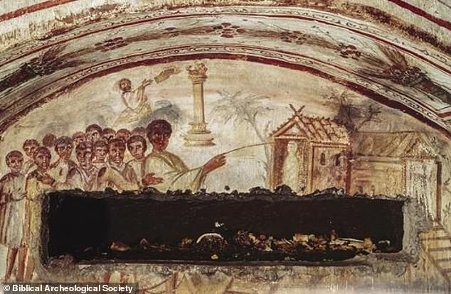 In a painting, Jesus holds a magic wand over the corpse of Lazarus before performing the miracle of raising him from the dead. This image was painted in the fourth century, although the exact date is unknown, and was found in the Catacomb of Via Latina in Rome