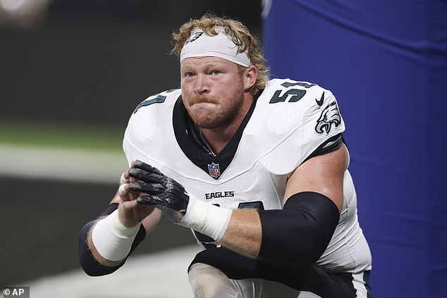 Cam Jurgens, who moved from guard to center to replace Kelce, made a big mistake