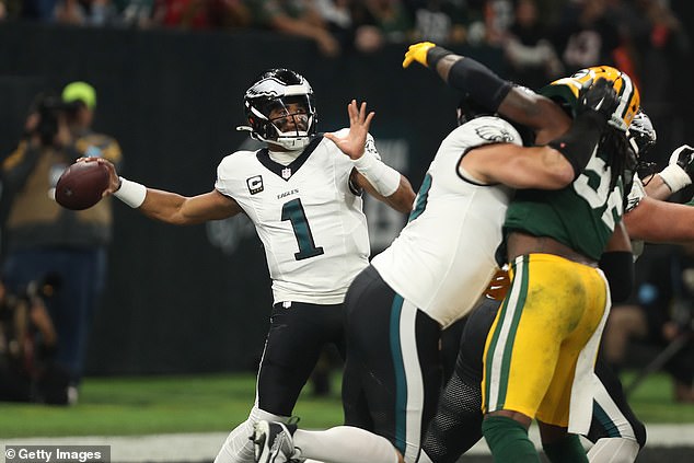 Jurgens passed the ball too quickly to quarterback Jalen Hurts, allowing Green Bay to strike