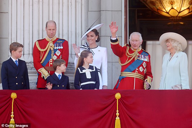 The Royal Family during Trooping the Colour at Buckingham Palace on June 15