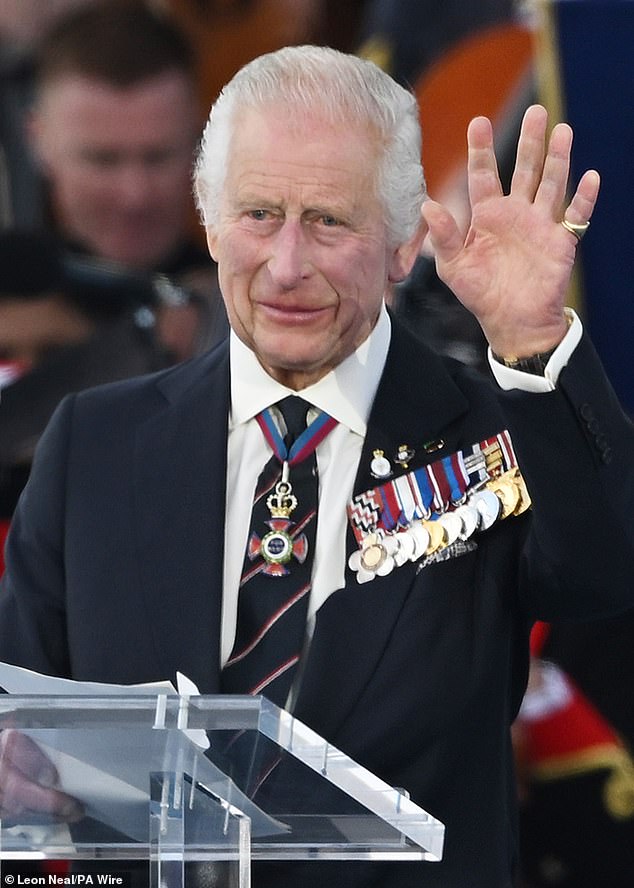 King Charles III on stage at the UK's national commemoration event for the 80th anniversary of D-Day on 5 June