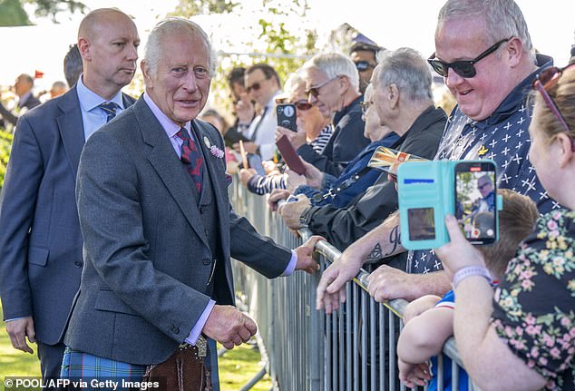 Britain's King Charles III meets the public during a visit to the Royal Horticultural Society of Aberdeen's 200th Flower Exhibition on August 31