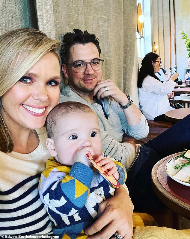 On Friday morning, Edwina revealed in a tearful radio confession that she had been diagnosed with cancer and would be taking some time off to spend with her family before returning to Sunrise to work just two days a week. Pictured with her husband Neil Varcoe and son Thomas