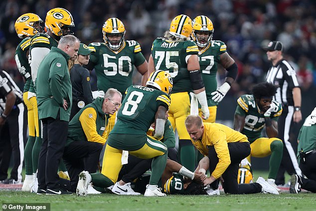 Packers quarterback Jordan Love suffered a worrisome lower leg injury with six seconds left in the game