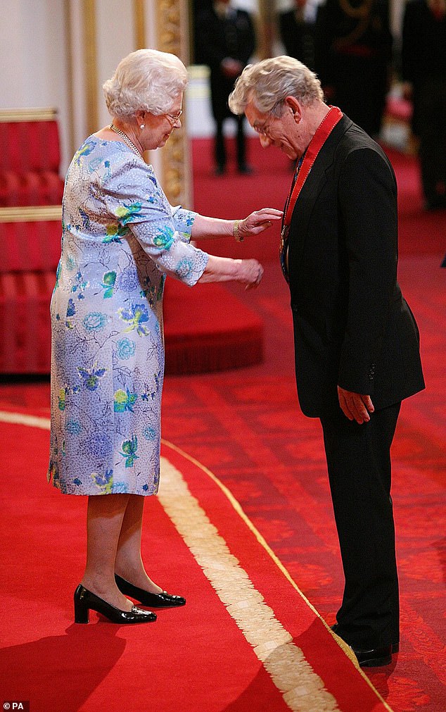 Sir Ian with Queen Elizabeth II as he received his Companion of Honour for services to drama and equality. The 85-year-old says he found the conversation during the ceremony 'rude'