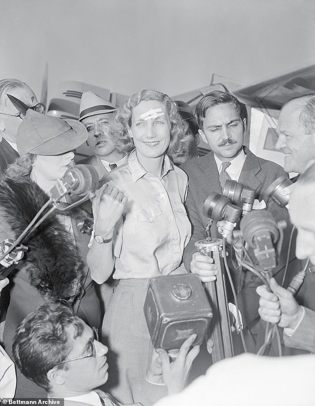 Beryl Markham speaks to the world's press after completing her flight across the Atlantic Ocean