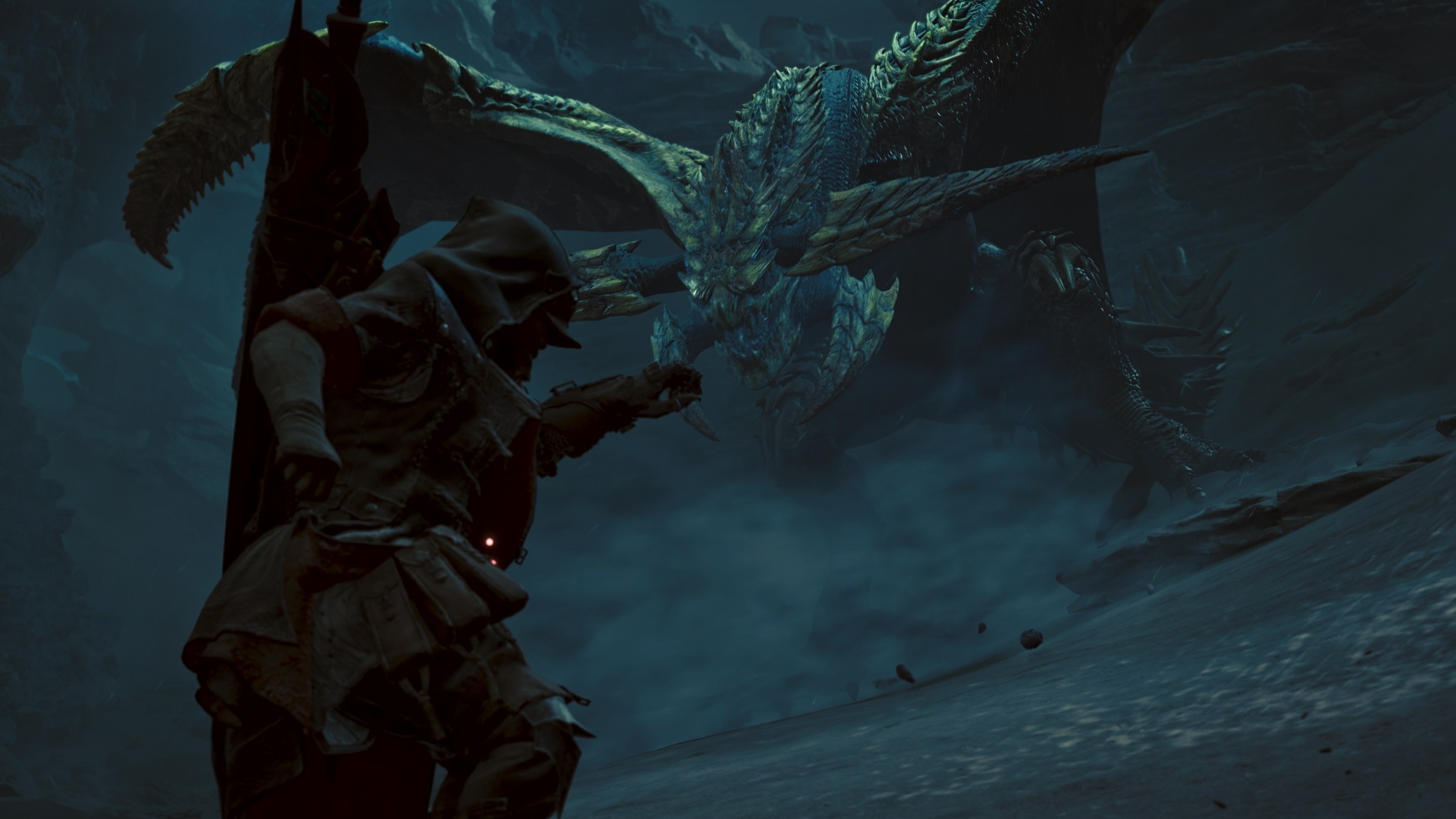 A Rey Dau represents a hunter in a screenshot from Monster Hunter Wilds