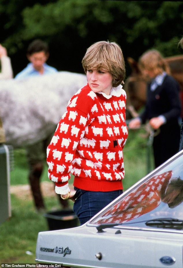 Diana's memorable 'black sheep' sweater features in the collection. She is pictured here watching polo in Windsor in 1980. The lone black sheep is visible among the white ones on the front