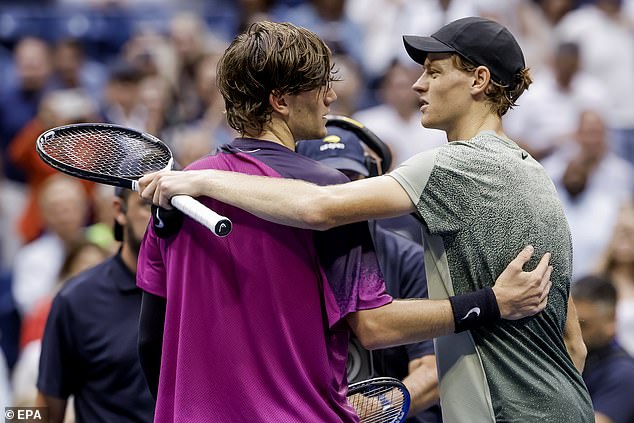 The 22-year-old (left) suffered a 7-5 7-6 6-2 defeat to world number 1 Jannik Sinner (right)