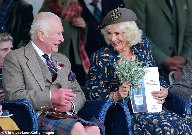 King Charles III and Queen Camilla attend the Braemar Gathering 2024 at the Princess Royal and Duke of Fife Memorial Park on September 7, 2024 in Braemar, Scotland