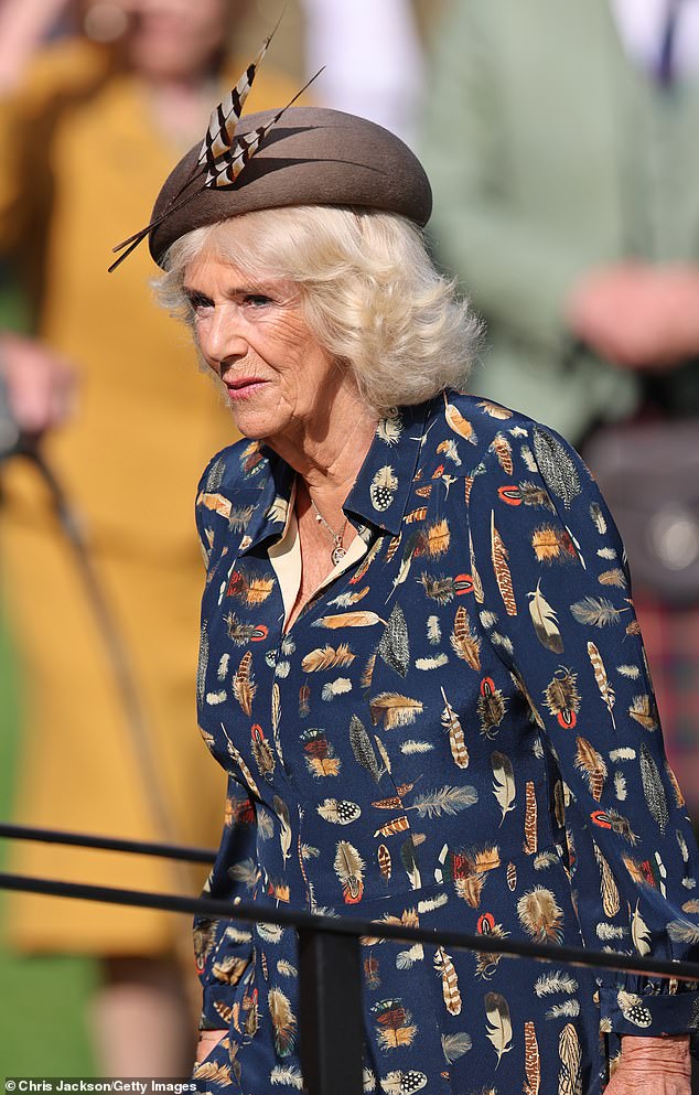 ueen Camilla attends The Braemar Gathering 2024 at The Princess Royal and Duke of Fife Memorial Park on September 7, 2024 in Braemar, Scotland