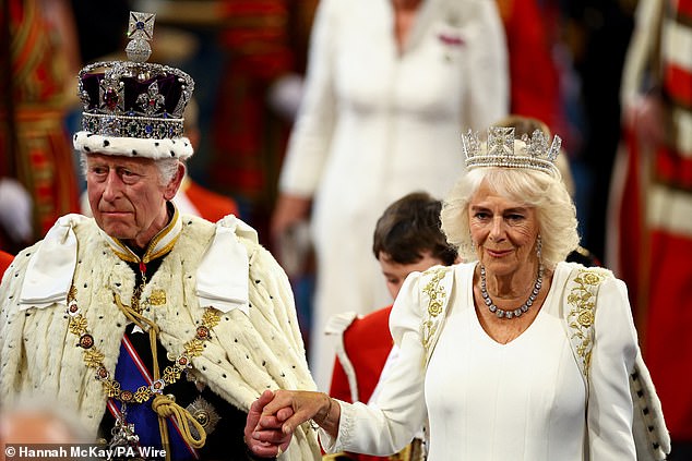 King Charles III and Queen Camilla, wearing the George IV State Tiara, at the State Opening of Parliament on 17 July