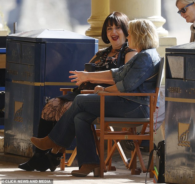 Ruth Jones, who plays Nessa, and Joanna Page take a break from filming the behind-the-scenes documentary in Barry