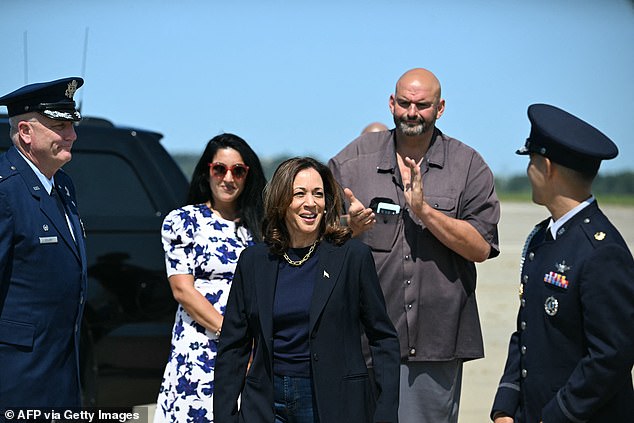 Kamala Harris was welcomed at Pittsburgh airport on Friday by Senator John Fetterman and his wife Gisele Barreto Fetterman