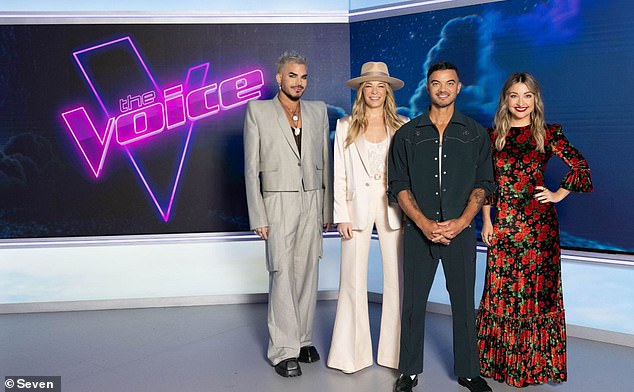 The source claimed that a possible reason for Guy's irritable behaviour on set was the different levels of production value on Seven compared to when the show aired on Channel Nine. Guy is pictured with fellow Voice coach Adam Lambert LeAnn Rimes and Kate Miller-Heidke