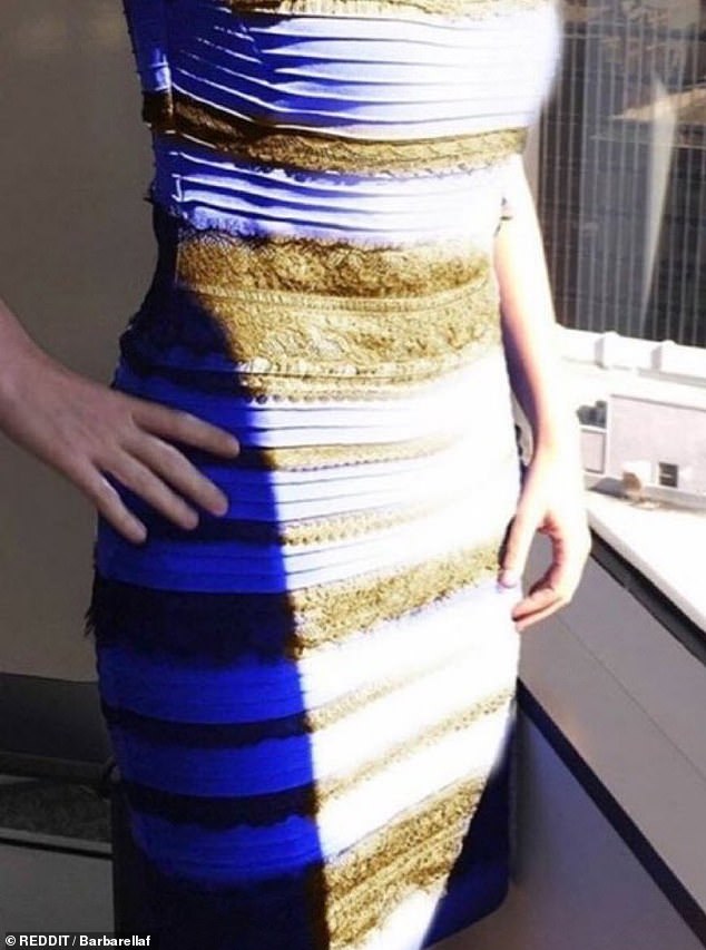 The famous 'gold and white' dress is an example of how our assumptions about lighting alter our perception of colour. In this photo you can see how the dark side of the dress appears closer to blue, while the light side appears white