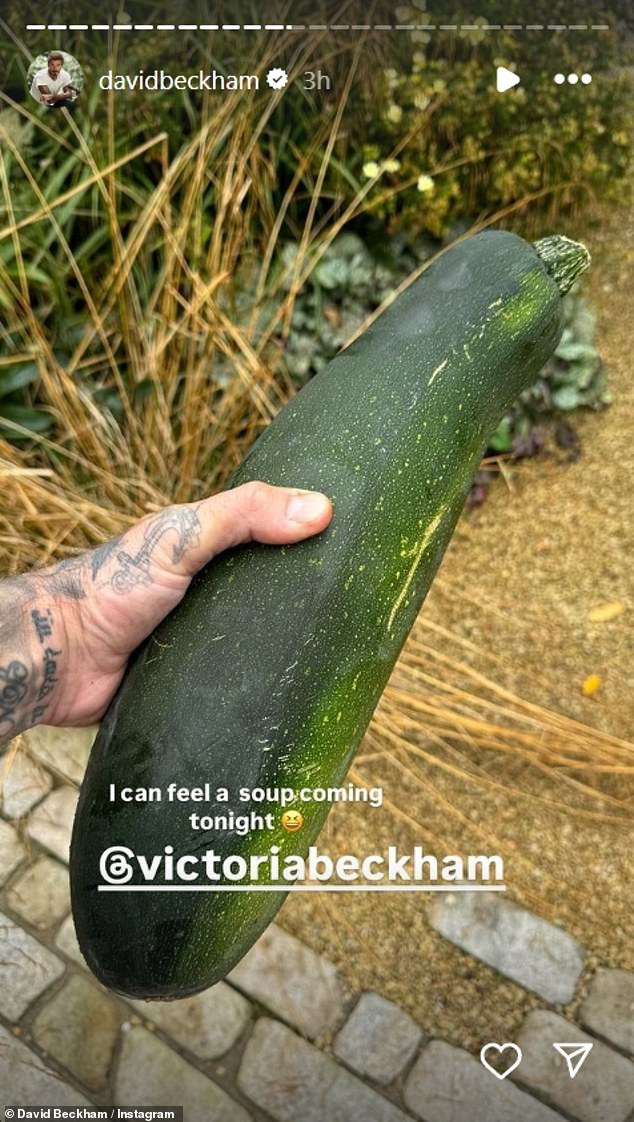 The star then shared a photo of a similarly sized pumpkin as he joked to wife Victoria Beckham, 50, that he 'feels soup coming tonight'