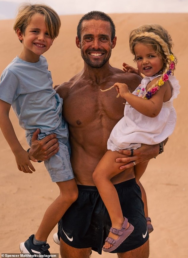 The former Made in Chelsea star, 36, is back in the UK after running a staggering 30 marathons in 30 days in the scorching heat of the Jordanian desert (pictured with children Gigi and Theodore)