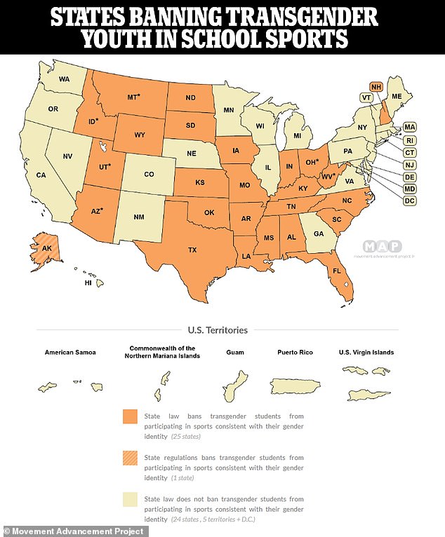 The map above shows the states that ban transgender youth from participating in sports outside of the gender assigned to them at birth.