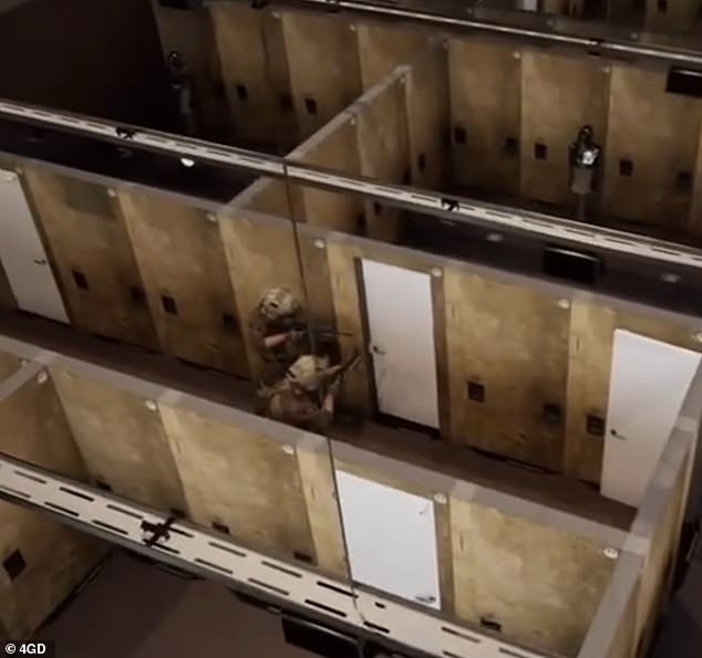 Soldiers are shown preparing to enter a room where an AI robot lies on the other side