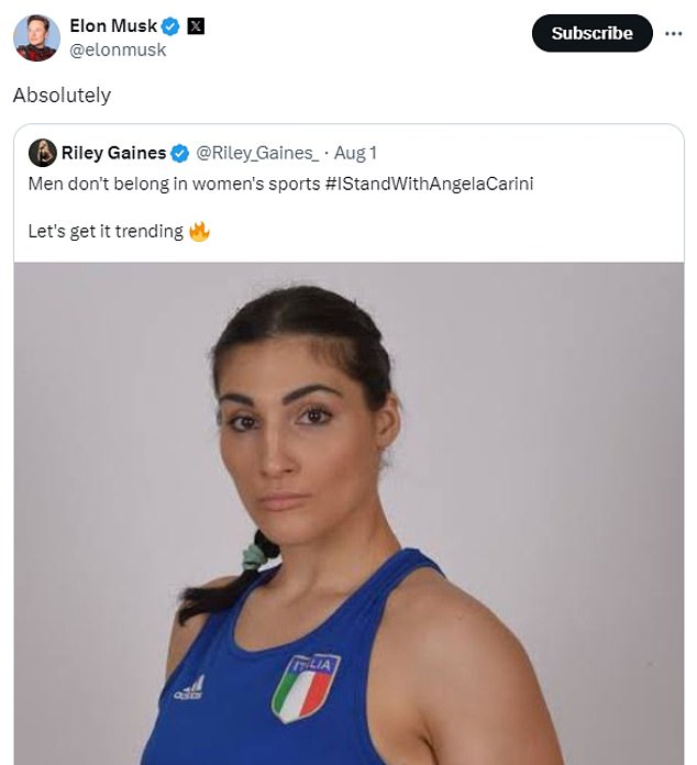 Musk agreed with a post from Riley Gaines calling for men to be banned from women's sports following Khelif's victory over Italy's Angela Carini