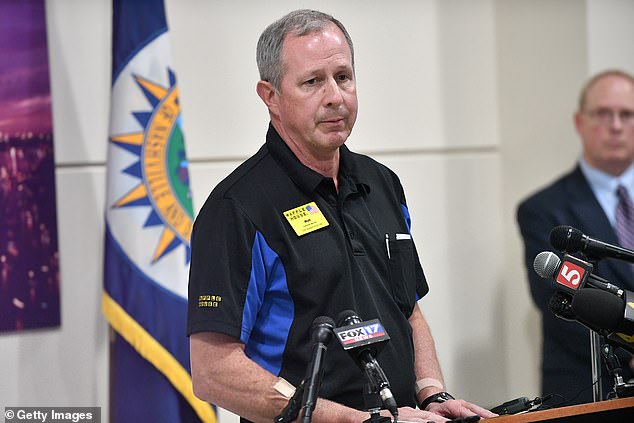 Ehmer was also praised for his response to a young woman who was shot to death at a Tennessee Waffle House in 2018. He is seen here speaking at a press conference about the tragedy