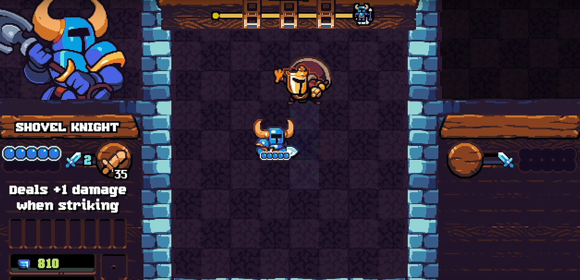 A screenshot from Shovel Knight Pocket Dungeon showing Shovel Knight facing off against a Golden Knight