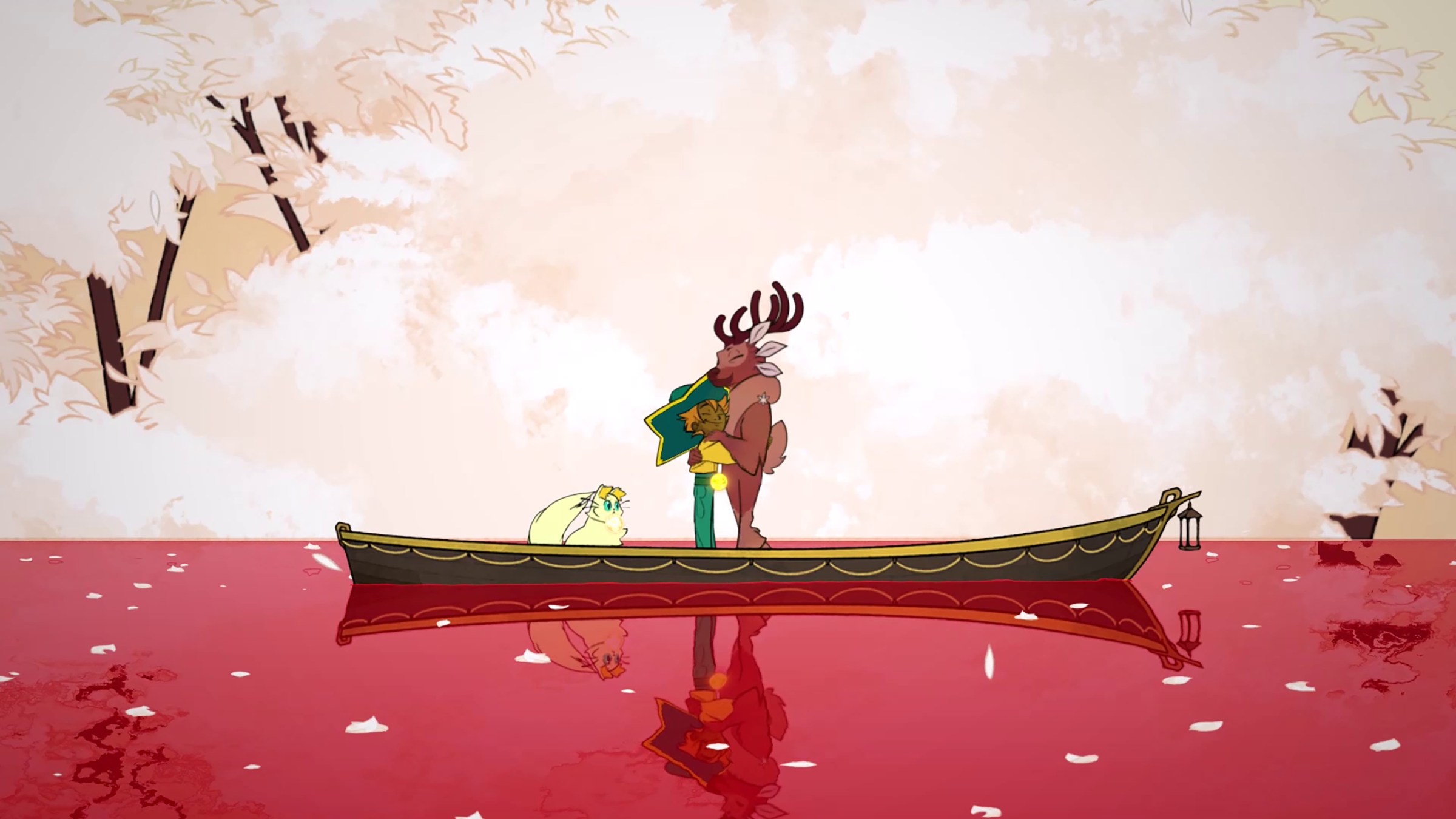 A screenshot of Spiritfarer as a girl with a hat and a moose embracing each other on a boat above red water