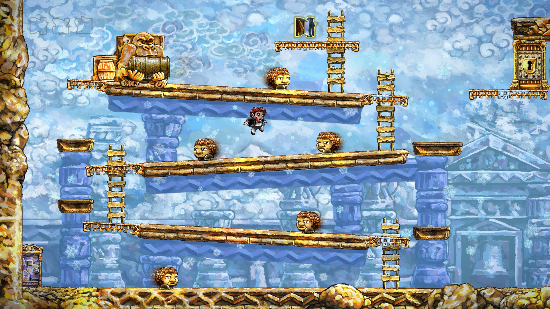 A screenshot of Braid showing several enemies wandering across platforms while a character in a suit jumps around them 