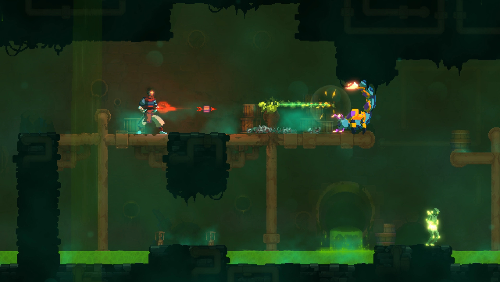 A character from the 2D environment of Dead Cells shoots at an enemy 